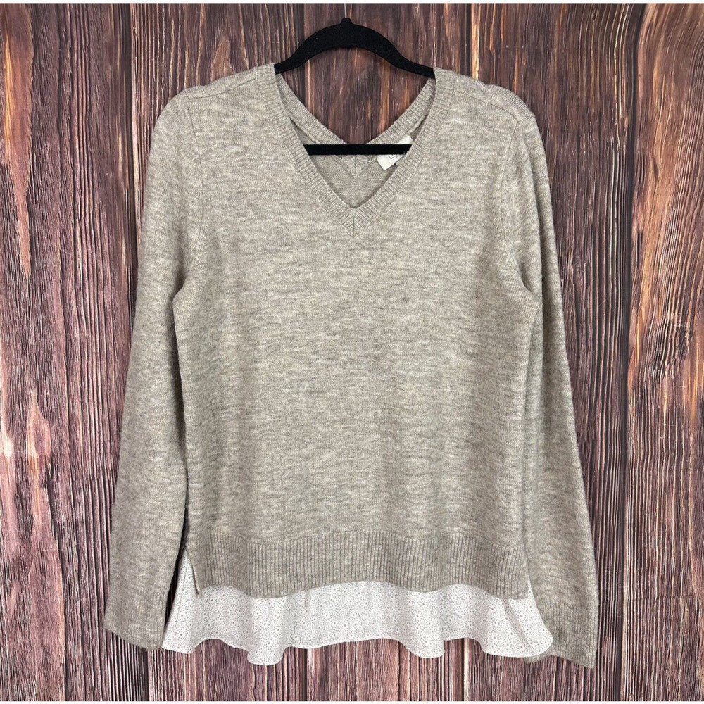 LOFT V-Neck Pullover Sweater Floral Hem Tan Womens Size Large L